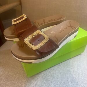 Sam Edelman Ariane Slides Sandals Brown with gold buckle